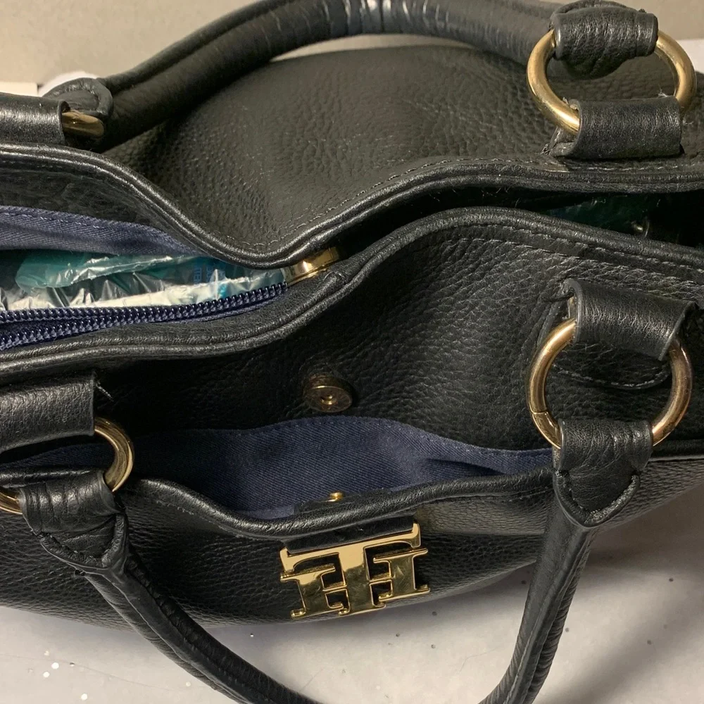 Tommy Hilfiger Black Soft Leather Satchel with Gold Logo and Hardware
